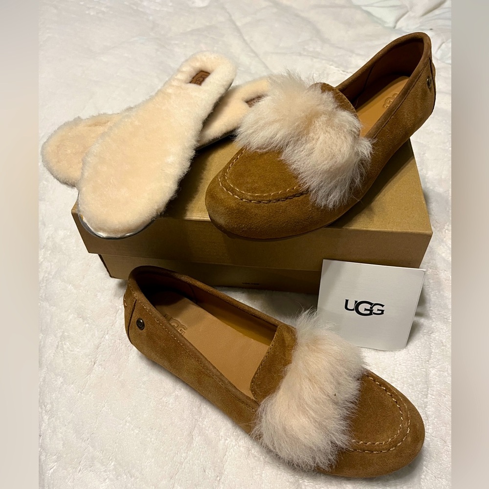 UGG Brown and Cream Loafers with Fur Detail
